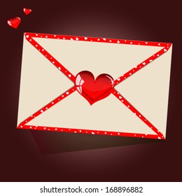 Envelope with red hearts for valentine day on vinous background / Vector illustration