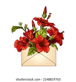 Envelope with red hibiscus flowers. Vector illustration