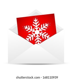 Envelope with a red paper sheet and drawn snowflake,  vector  illustration