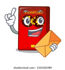With envelope red passport in the cartoon bag