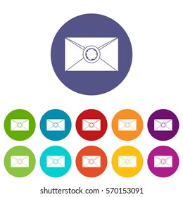 Envelope with red wax seal set icons in different colors isolated on white background