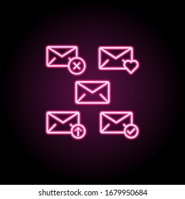 Sobre, quitar, corazón, cargar, comprobar icono de neón de signo. Línea delgada simple, contorno vectorial de iconos web para ui y ux, sitio web o aplicación móvil