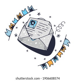 Envelope with resume. Isolated on a white background. Vector doodle illustrations.