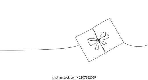 Envelope with ribbon and bow continuous line drawing. One line art of love letter, note, papyrus, antique, retro, correspondence, news.