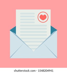 An envelope with a romantic love message and a pink heart in the corner. On a pink background is a blue paper letter. Valentine's Day celebration concept. Vector illustration in flat style.