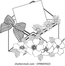 Envelope with rose and chamomile flowers, big bow and paper sheet. Vector image