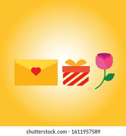 Envelope rose gift box valentine's flat vector icon