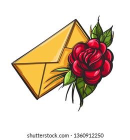 Envelope and rose. Vector illustration isolated on white background for tattoos, greeting cards and much more.