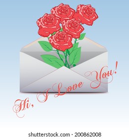 Envelope  with an a roses. I Love You. Valentines Day. Vector