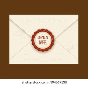 Envelope with rosette seal. Vector illustration. Quote Open me. ideal for invitation envelopes for a wedding or birthday party in style Alice in Wonderland