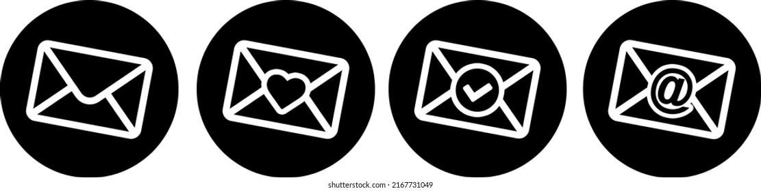 Rundknöpfe umschließen. Herz, Post, Newsletter und Checksymbol. Vektorgrafik.
