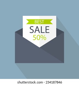 Envelope with sale offer icon. Flat style vector illustration