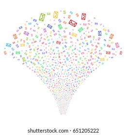 Envelope salute stream. Vector illustration style is flat bright multicolored iconic symbols on a white background. Object explosion fountain combined from random icons.