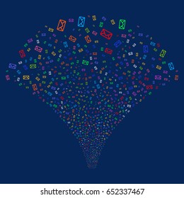 Envelope salute stream. Vector illustration style is flat bright multicolored iconic symbols on a blue background. Object explosion fountain constructed from random pictographs.