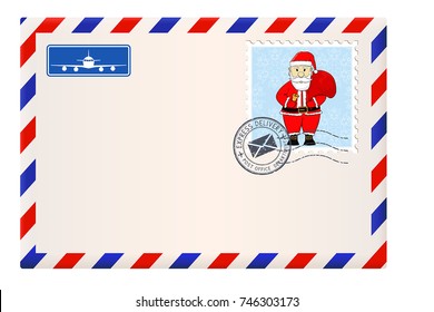Envelope with Santa Claus stamp. Blank international mail envelope. Vector illustration isolated on white background