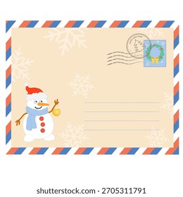 Envelope for Santa Claus. Template with soft beige background decorated with snowman, stamp, snowflakes, copy space. Merry Christmas. Vector illustration.