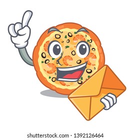 With envelope seafood pizza isolated with in cartoon