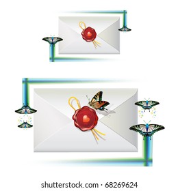 Envelope with seal and fast butterflies isolated on white background, vector illustration