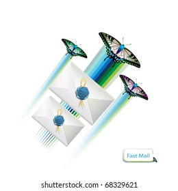 Envelope with seal and fast butterflies isolated on white background, vector illustration