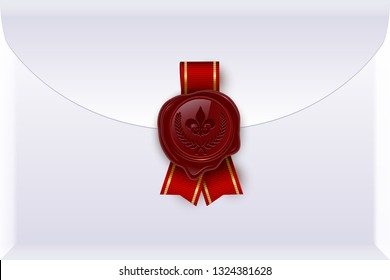 Envelope with seal and ribbon realistic vector color illustration. Royal letter, message, invitation. 3d handmade wax seal with logo. Correspondence with circle stamp. Greeting card idea