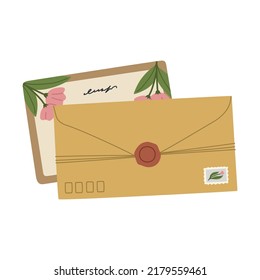 Sobre con cera de foca y sello postal, postal con flores. Correspondencia y servicio postal. Ilustración del vector de color dibujado a mano aislada en fondo blanco. Estilo moderno de dibujos animados planos.