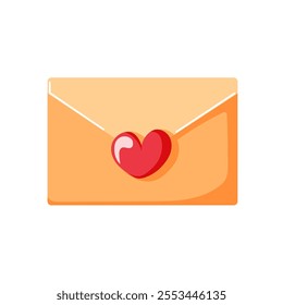 Envelope sealed with a heart shaped sticker in cartoon style. Simple design ideal for Valentines Day, love letter and romantic message. Isolated on white background.