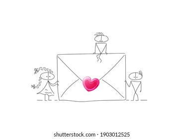 Envelope sealed with a pink heart. A girl and two guys brought a love letter on Valentine's Day. Characters are created in a linear style with a black line. Combined with brightly colored elements