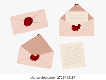 Um envelope selado com um selo de cera vermelha, um envelope aberto contendo uma letra e um envelope vazio. Ilustração vetorial em um plano de fundo isolado.