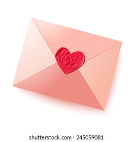 Envelope with sealing wax in the form of heart isolated on white background. Valentine card.