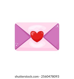 Envelope with sealing wax in the shape of a heart. In cartoon style. Valentine's Day Element. Stock isolated clipart on a white background. For flyer, sticker, card, logo, symbol.