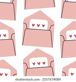 Envelope seamless pattern. Valentines day mail. Simple opened and closed envelopes, decorated with hearts. Holiday background for wrapping, textile