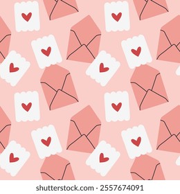 Envelope seamless pattern. Valentines day mail. Simple opened and closed envelopes, decorated with hearts. Holiday background for wrapping, textile