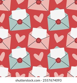 Envelope seamless pattern. Valentines day mail. Simple opened and closed envelopes, decorated with hearts. Holiday background for wrapping, textile