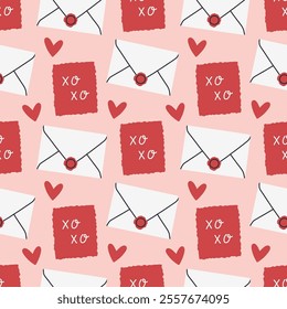 Envelope seamless pattern. Valentines day mail. Simple opened and closed envelopes, decorated with hearts. Holiday background for wrapping, textile