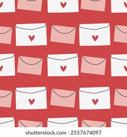 Envelope seamless pattern. Valentines day mail. Simple opened and closed envelopes, decorated with hearts. Holiday background for wrapping, textile