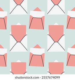 Envelope seamless pattern. Valentines day mail. Simple opened and closed envelopes, decorated with hearts. Holiday background for wrapping, textile