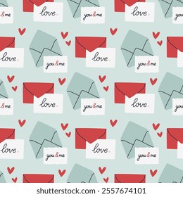 Envelope seamless pattern. Valentines day mail. Simple opened and closed envelopes, decorated with hearts. Holiday background for wrapping, textile