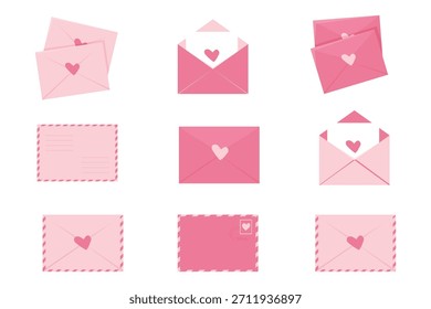 Envelope set, cute love letters with hearts, pink romantic mail with stamp, airmail, postcard. Wedding and Valentine Day Decoration design elements.