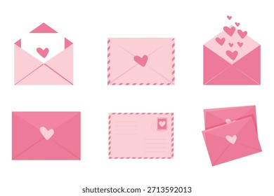 Envelope set, cute love letters with hearts, pink romantic mail with stamp, airmail, postcard. Wedding and Valentine Day Decoration design elements.