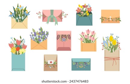 Envelope set with floral bouquet vector illustration. Flower Power aesthetic design element for planner, sticker, scrapbook, poster, card , pattern, tee shirt. Flat cartoon style isolate on white.