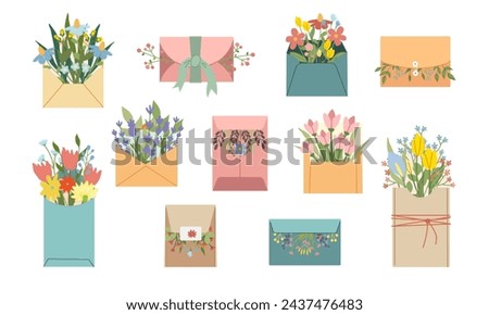 Envelope set with floral bouquet vector illustration. Flower Power aesthetic design element for planner, sticker, scrapbook, poster, card , pattern, tee shirt. Flat cartoon style isolate on white.
