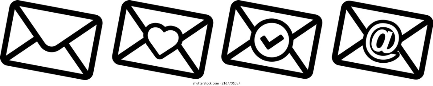 Envelope set with heart, mail, newsletter and check icon. Vector illustration.