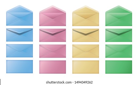 Envelope.  Set of realistic open and sealed envelopes. Red, blue, green and yellow forms. Isolated. Vector illustration  