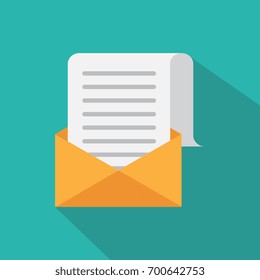 Envelope with shadow. Email message concept of notify, support, incoming, confirm. Get mail, chat message. Isolated on background. Flat vector illustration