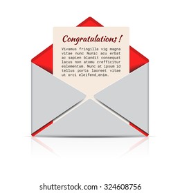 Envelope shaped mail holder opened envelope with paper isolated on white background. Realistic style Vector illustration
