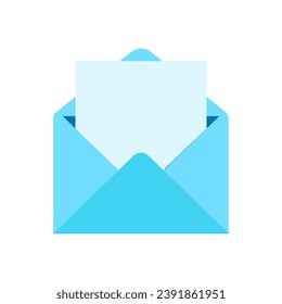 Envelope with sheet icon. Flat, blue, message inside the envelope. Vector icon
