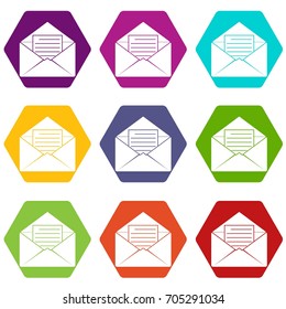 Envelope with sheet of paper icon set many color hexahedron isolated on white vector illustration