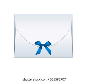 Envelope with Shiny Blue Satin Bow.  Illustration isolated on white background. Vector image.