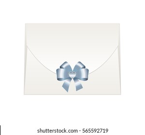 Envelope with Shiny Blue Satin Bow.  Illustration isolated on white background. Vector image.