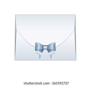 Envelope with Shiny Blue Satin Bow.  Illustration isolated on white background. Vector image.
